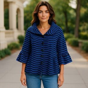 Damee Inc. Blue Striped Jacket Women's XL Button-Down 3/4 Bell Sleeves Cocktail